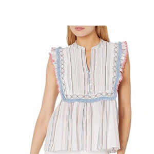 Ella Moss Boho Short Sleeve Top Fringe Striped Babydoll Notch neckline Ruffles M